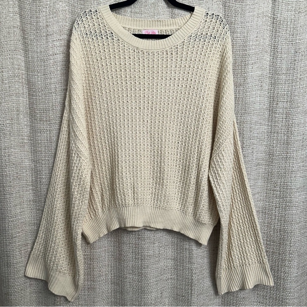 Pink Lily Open Knit Sweater Cream Ivory Neutral Boho Coastal Beachy Size Medium